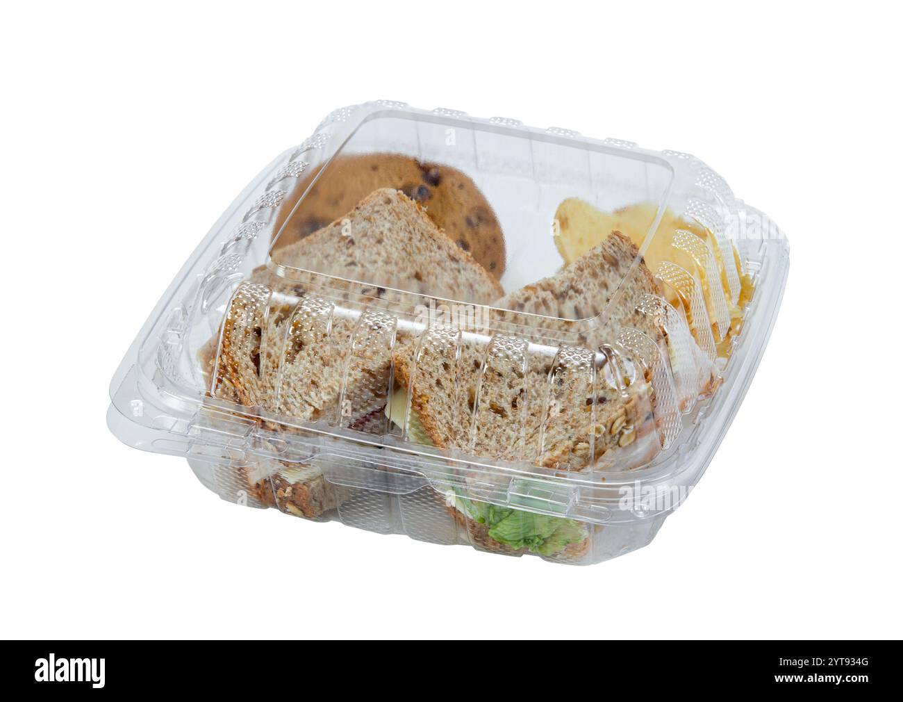 Récipient à emporter en plastique transparent avec sandwich déjeuner, frites Banque D'Images