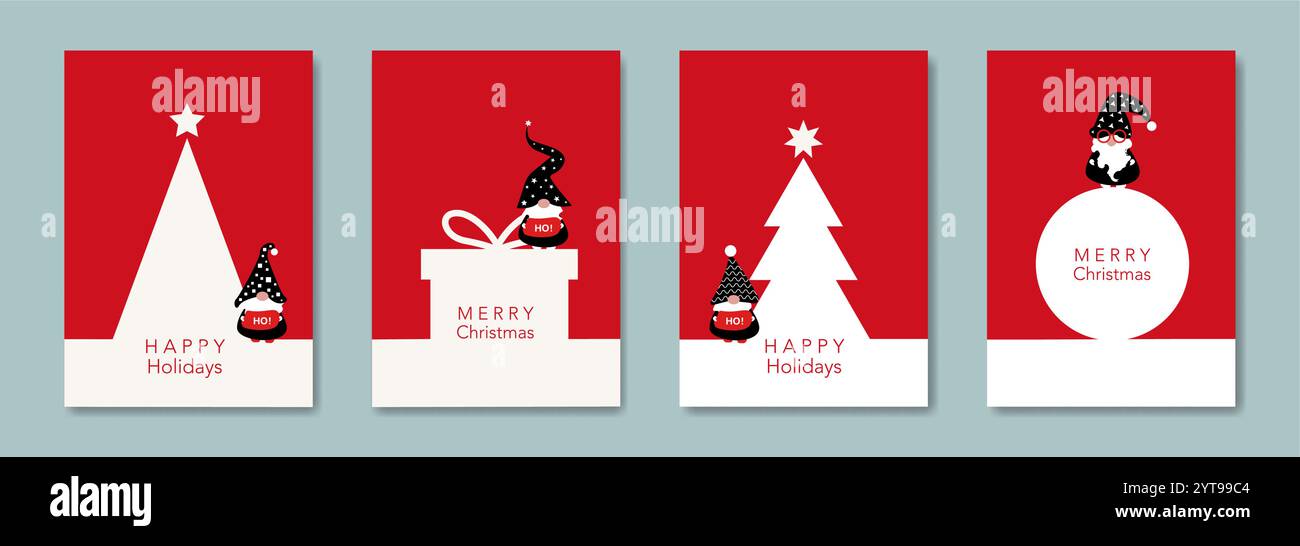 Carte de Noël décorée d'un style géométrique minimaliste moderne et d'un gnome nordique scandinave et d'un elfe. Éléments pour calendrier, cartes de voeux ou bonne année Illustration de Vecteur