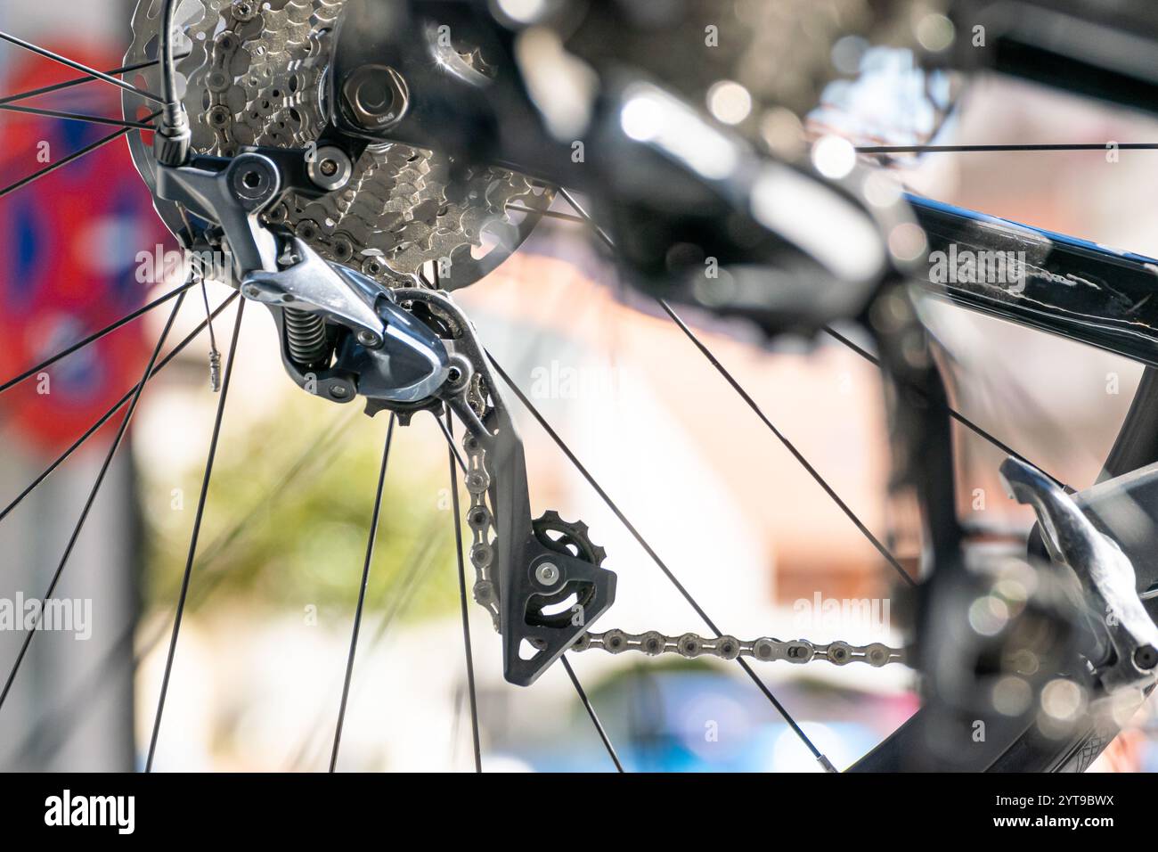 vue détaillée du système de changement de vitesse du dérailleur pour vélo de course de route professionnel Banque D'Images