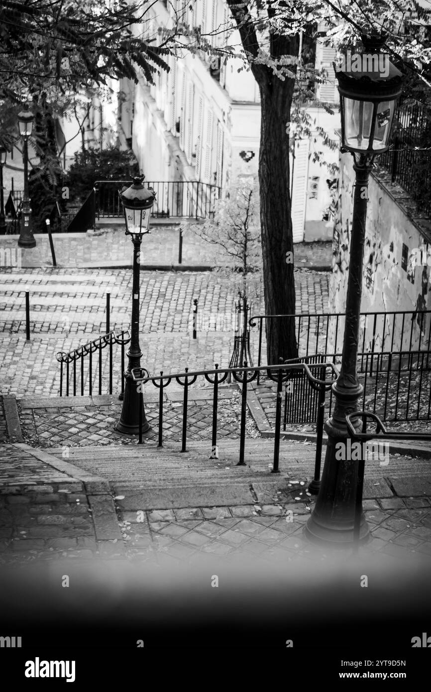 Escaliers des ruelles de Montmartre au pied du Sacré-coeur en noir et blanc - Paris Banque D'Images