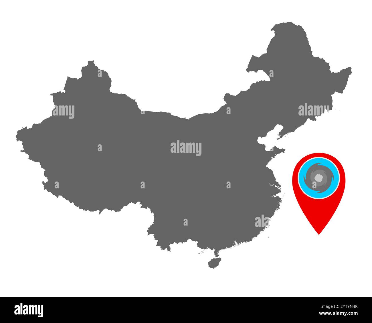 Carte de la Chine et épingle avec avertissement d'ouragan Banque D'Images