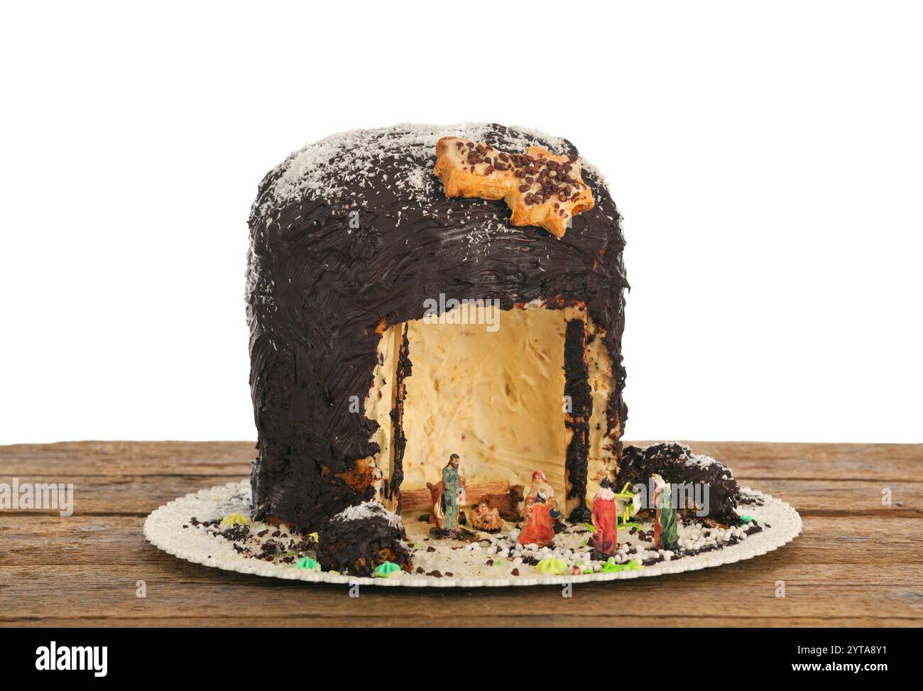 Crèche en forme de Panettone sur table en bois. Banque D'Images