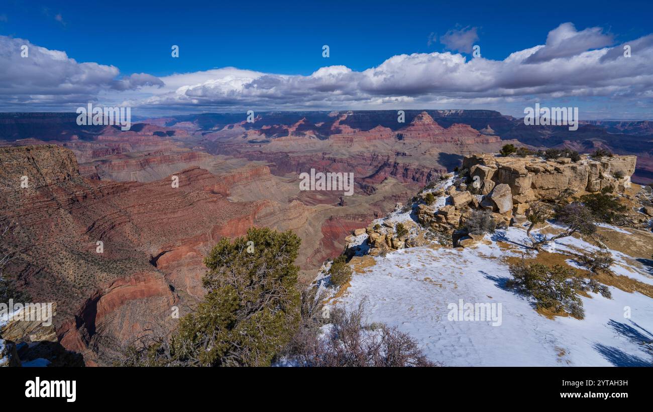 28 MARS 2023, RIVE SUD DU PARC NATIONAL DU GRAND CANYON, ARIZONA, États-Unis - neige fraîche tombe sur la rive sud du Grand Canyon Banque D'Images