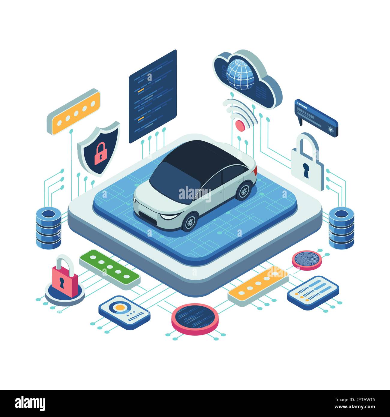 Voiture isométrique avec fonctionnalités de cybersécurité et système numérique. Concept de cybersécurité automobile Illustration de Vecteur