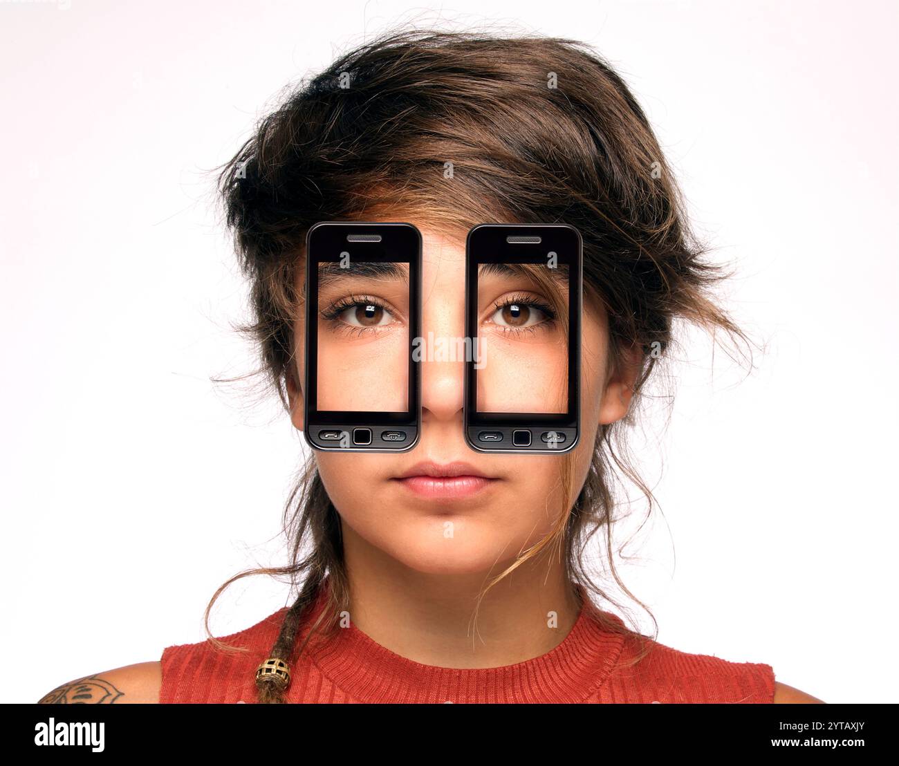 Addiction numérique, image conceptuelle. La dépendance numérique impliquait l’utilisation obsessionnelle d’appareils numériques, de technologies, de plateformes numériques, comme Internet, les jeux vidéo, les plateformes en ligne, les appareils mobiles, les gadgets numériques et les réseaux sociaux. Banque D'Images