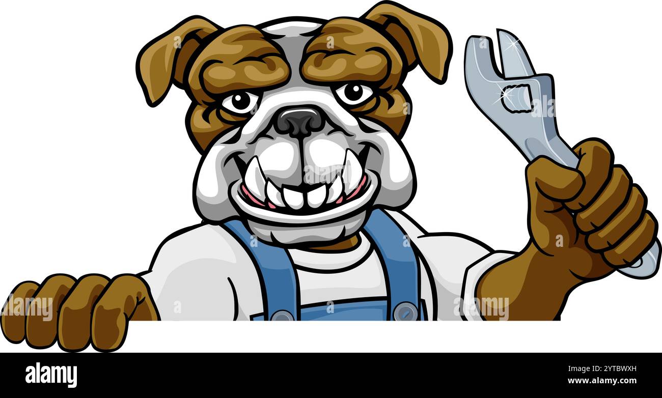 Plombier Bulldog ou mécanicien Holding Spanner Illustration de Vecteur