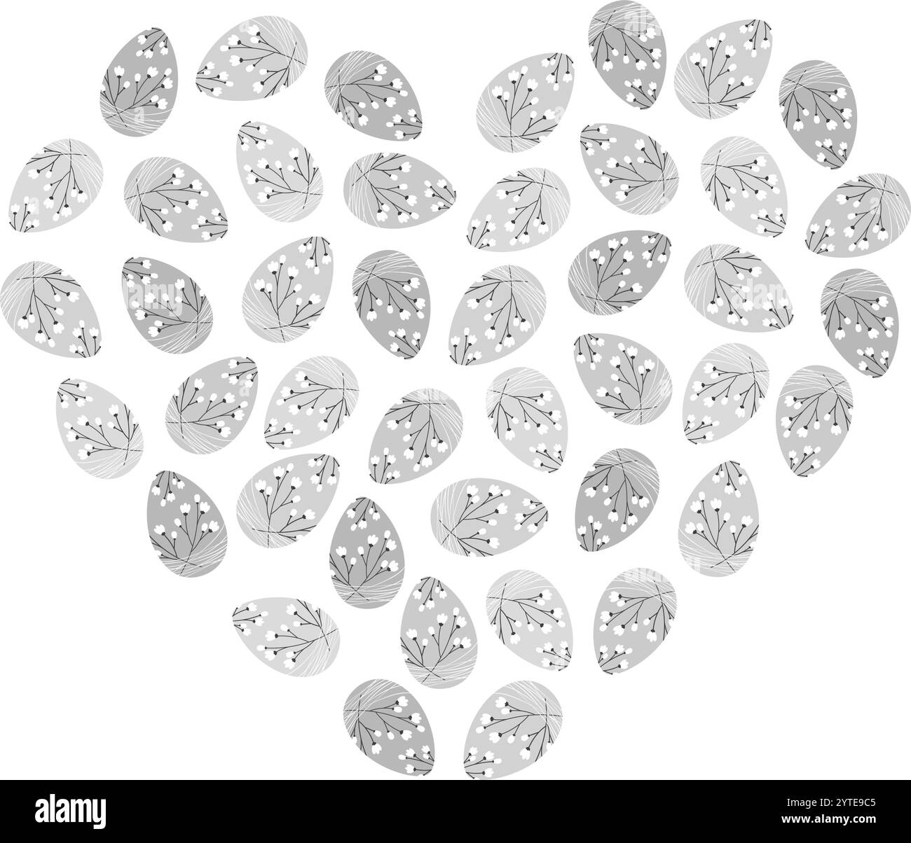 Brindilles de fleurs décorées oeufs de Pâques coeur en nuances de gris. Fond décoratif de voeux de Pâques. Illustration vectorielle isolée cartes thématiques, blogs et affiches, bannière, dépliants, tag ou promo web Illustration de Vecteur