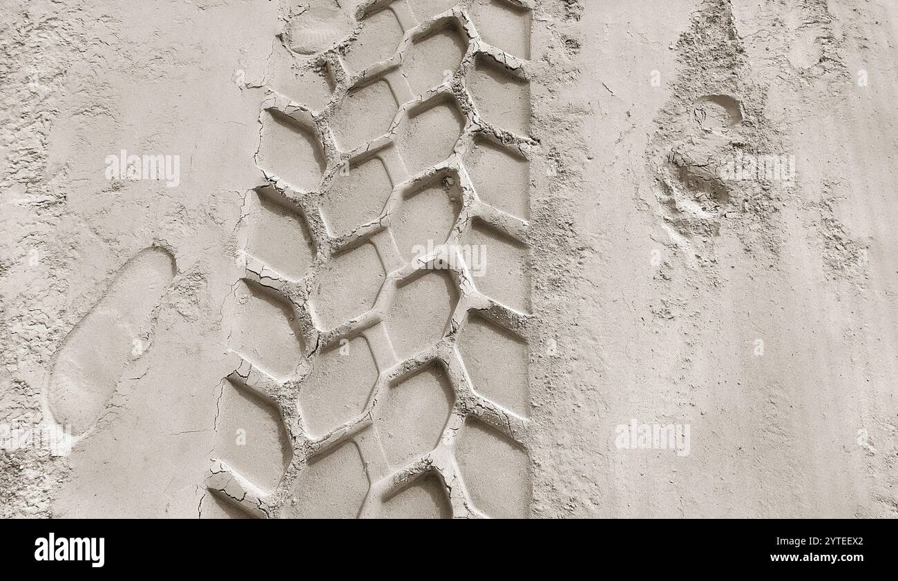 Piste de roue et empreintes de pas sur la plage de sable Banque D'Images