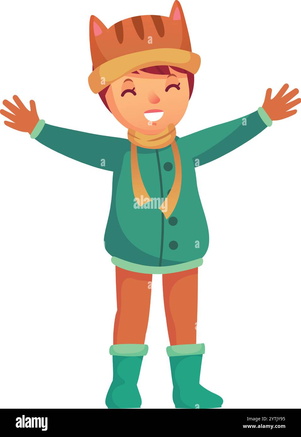 Enfant joyeux portant un manteau d'hiver chaud, une écharpe, des gants et un chapeau d'animal drôle ouvre leurs bras et sourit, profitant du temps froid Illustration de Vecteur