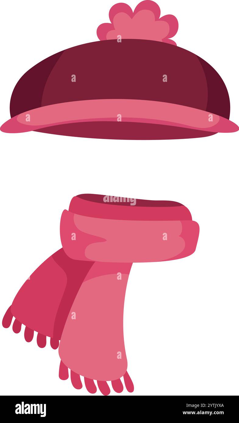 Ensemble d'accessoires d'hiver comprenant une écharpe rose avec des franges et un chapeau marron avec un pompon rose, offrant chaleur et protection par temps froid Illustration de Vecteur