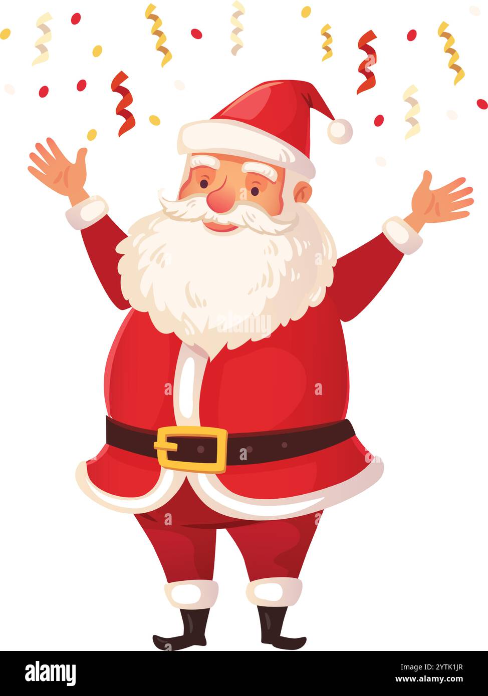 Le Père noël levant les mains dans la célébration, entouré de confettis colorés, crée une atmosphère joyeuse et festive, incarnant l'esprit de Illustration de Vecteur