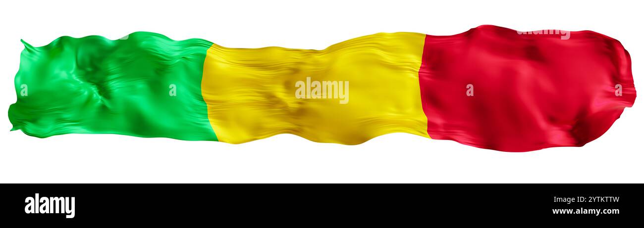 Drapeau stylisé de Mali agitant au vent, isolé sur fond blanc. Pied de page, en-tête ou séparateur. Découpez un élément panoramique large. Bannière pour Banque D'Images