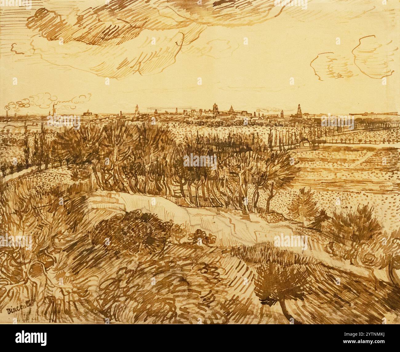Van Gogh dessin 'vue d'Arles depuis Montmajour' 1888. Dessin Vincent Van Gogh du XIXe siècle Banque D'Images