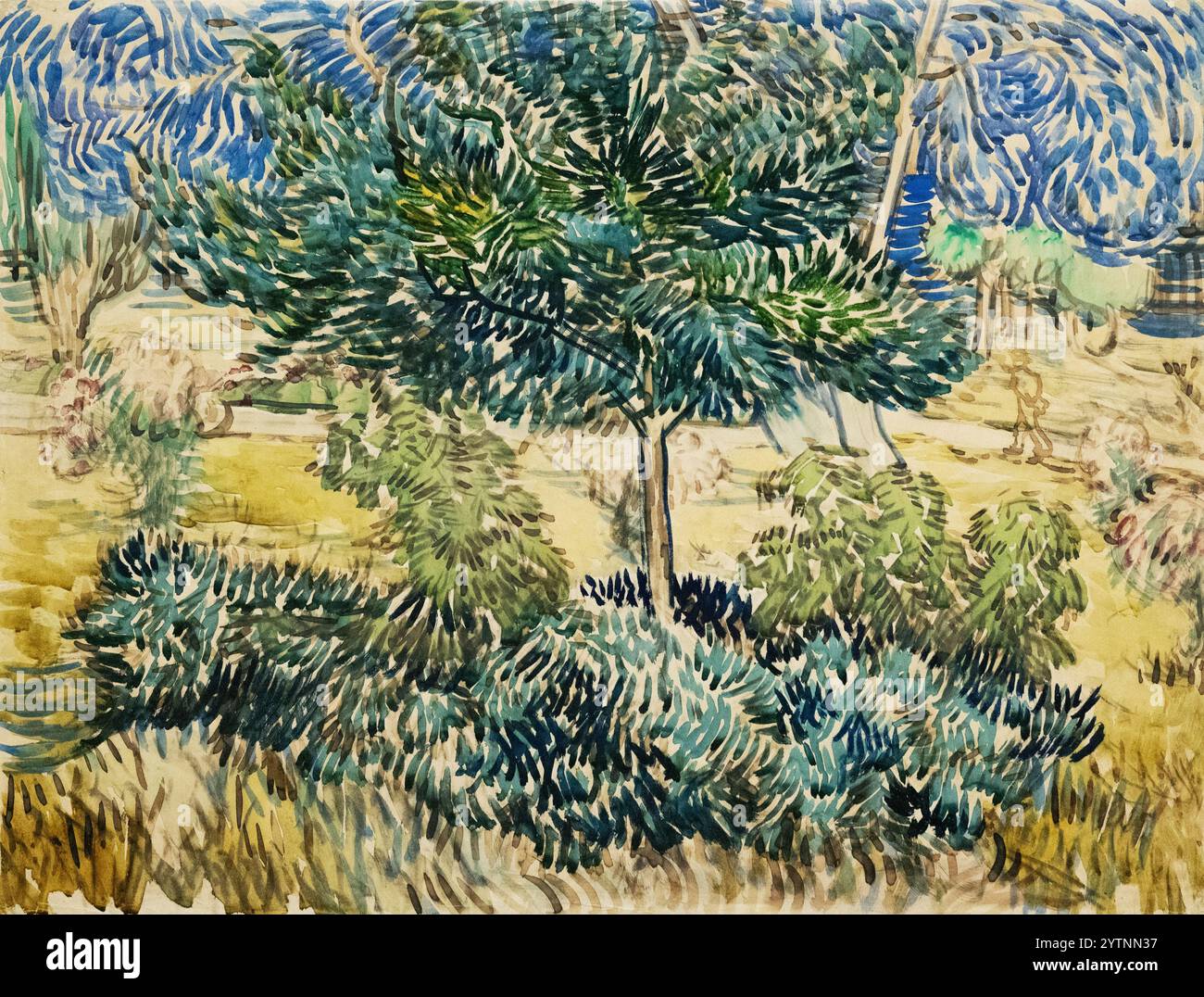 Vincent Van Gogh peinture, arbre et buissons dans le jardin de l'asile - 1889 ; paysage Van Gogh ; peinture post-impressionniste du XIXe siècle Banque D'Images