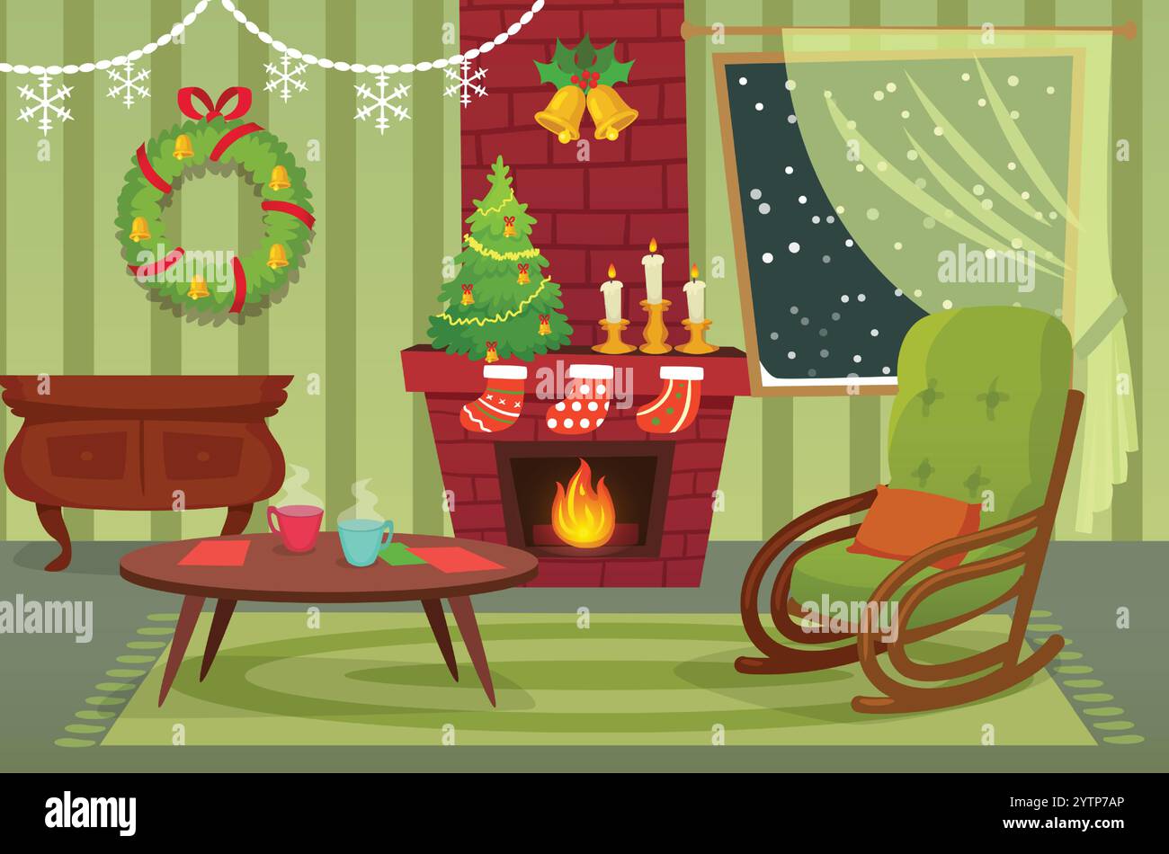 Feu chaud crépitant dans une cheminée, fauteuil à bascule invitant, sapin de noël décoré et tasses à vapeur créent une atmosphère de vacances confortable dans un cadre festif Illustration de Vecteur