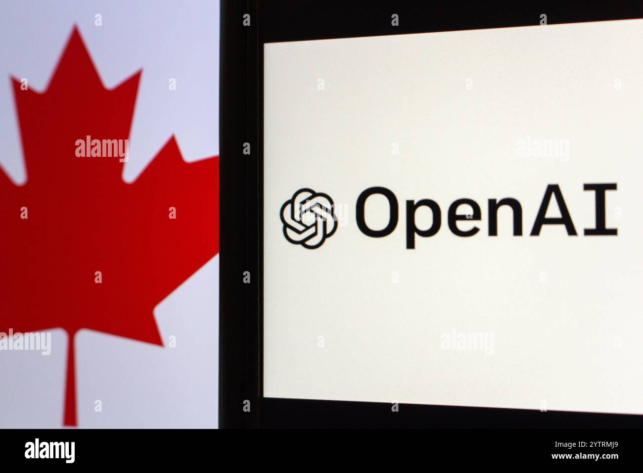 Mexico, MEXIQUE - 4 déc. 2024 : le logo OpenAI est affiché sur l'écran d'un iPhone avec un fond de drapeau canadien. Banque D'Images Mexico, MEXIQUE - 4 déc. 2024 : le logo OpenAI est affiché sur l'écran d'un iPhone avec un fond de drapeau canadien. Banque D'Images