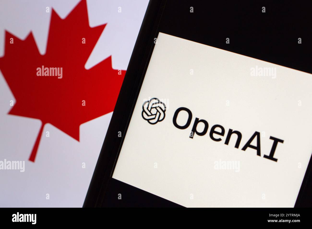Mexico, MEXIQUE - 4 déc. 2024 : le logo OpenAI est affiché sur l'écran d'un iPhone avec un fond de drapeau canadien. Banque D'Images Mexico, MEXIQUE - 4 déc. 2024 : le logo OpenAI est affiché sur l'écran d'un iPhone avec un fond de drapeau canadien. Banque D'Images