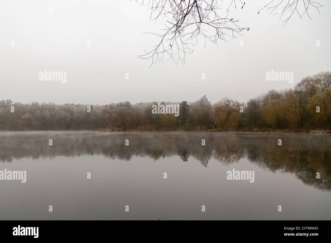 Panorama sur le Grube Fernie par un matin froid, brumeux et gris d'automne 2024, Großen-Linden, Hessia, Allemagne Banque D'Images