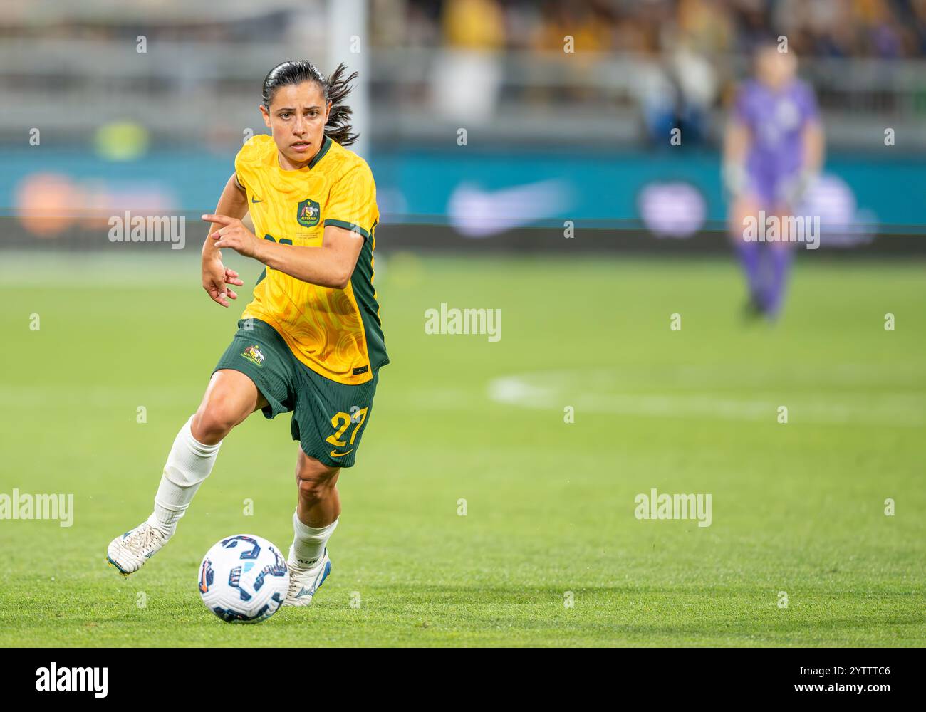 Geelong, Australie. 07 décembre 2024. L'australien Alex Chidiac vu en action lors du match amical opposant les Matildas au Taipei chinois. Match d'adieu pour l'australienne Clare Polkinghorne. Score final Australie 6 - Taipei chinois 0. (Photo Olivier Rachon/SOPA images/SIPA USA) crédit : SIPA USA/Alamy Live News Banque D'Images