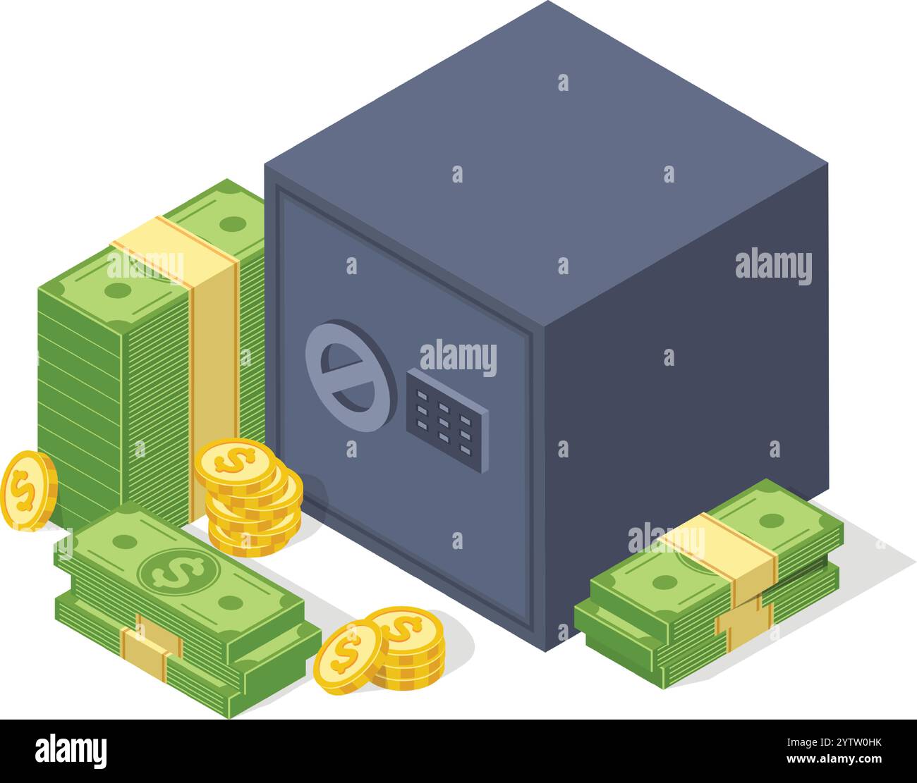 Des paquets de billets de banque en dollars et des piles de pièces d'or entourent un coffre-fort en acier fermé avec un clavier numérique, suggérant la sécurité, l'épargne et la sécurité financière Illustration de Vecteur