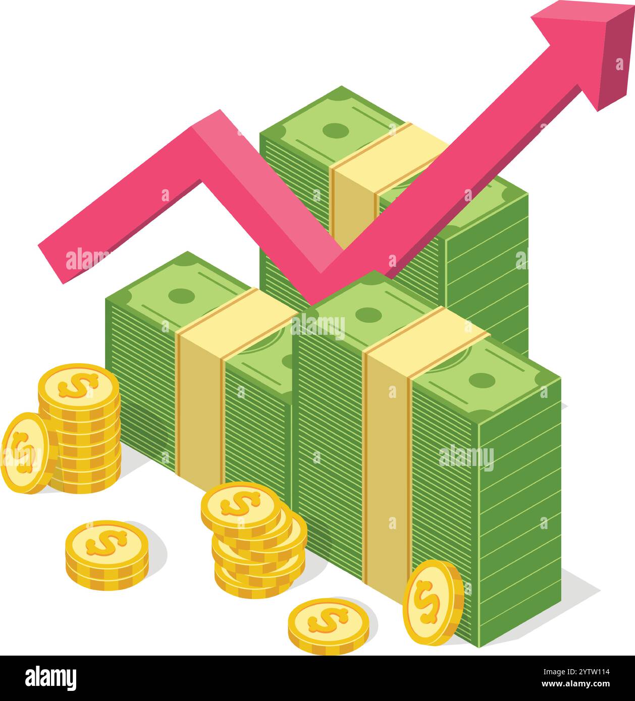 Piles de billets verts et de pièces d'or formant un graphique ascendant avec une flèche vers le haut, représentant la croissance financière, le succès des investissements et l'augmentation des profits Illustration de Vecteur