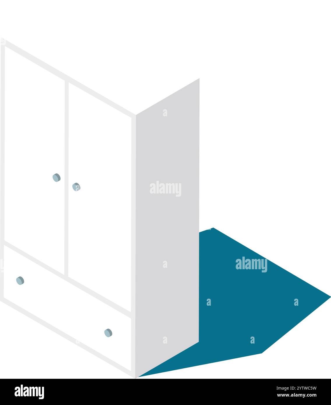 Projection isométrique d'une armoire en bois blanc projetant une ombre sur un sol bleu, avec deux portes et deux tiroirs, parfait pour le design d'intérieur et Illustration de Vecteur