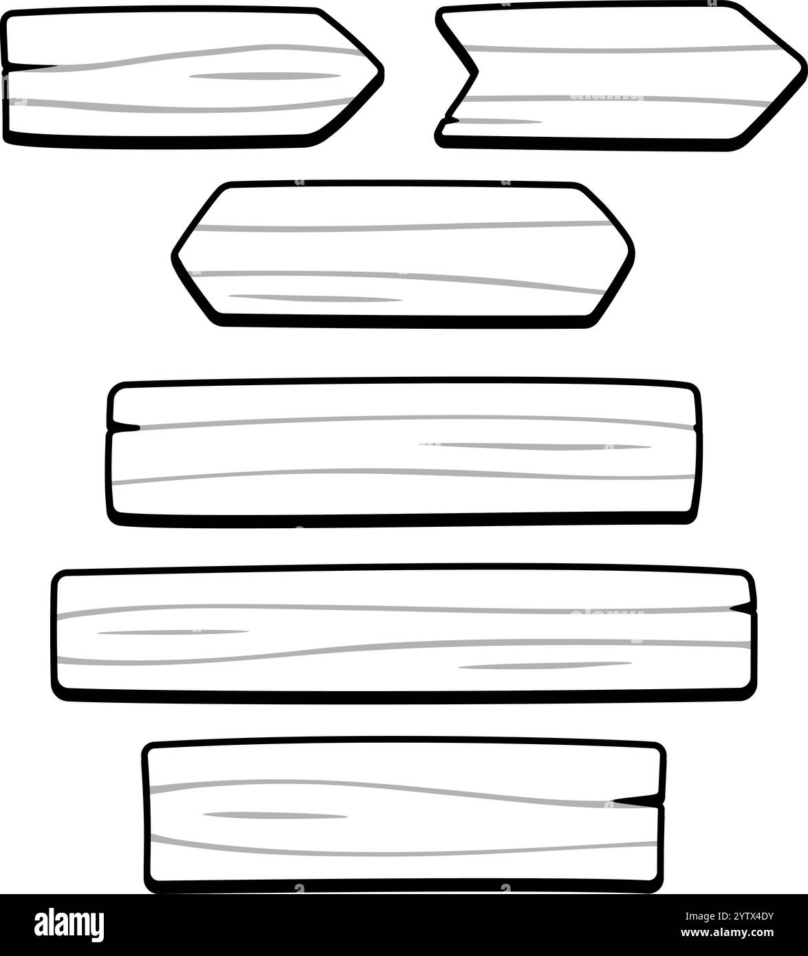 Ensemble de dessin de planches en bois, illustration vectorielle dessinée à la main en noir et blanc. Gabarit en bois de dessin animé pour les signes et les flèches. Illustration de Vecteur