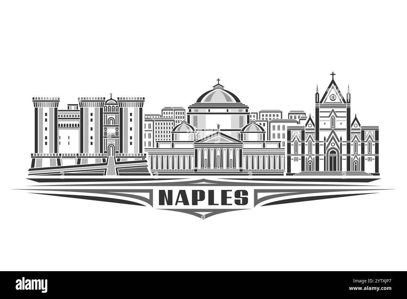 Illustration vectorielle de Naples, carte horizontale monochrome avec design linéaire vieux paysage de la ville de naples, concept d'art de ligne urbaine européenne avec le décoratif Illustration de Vecteur