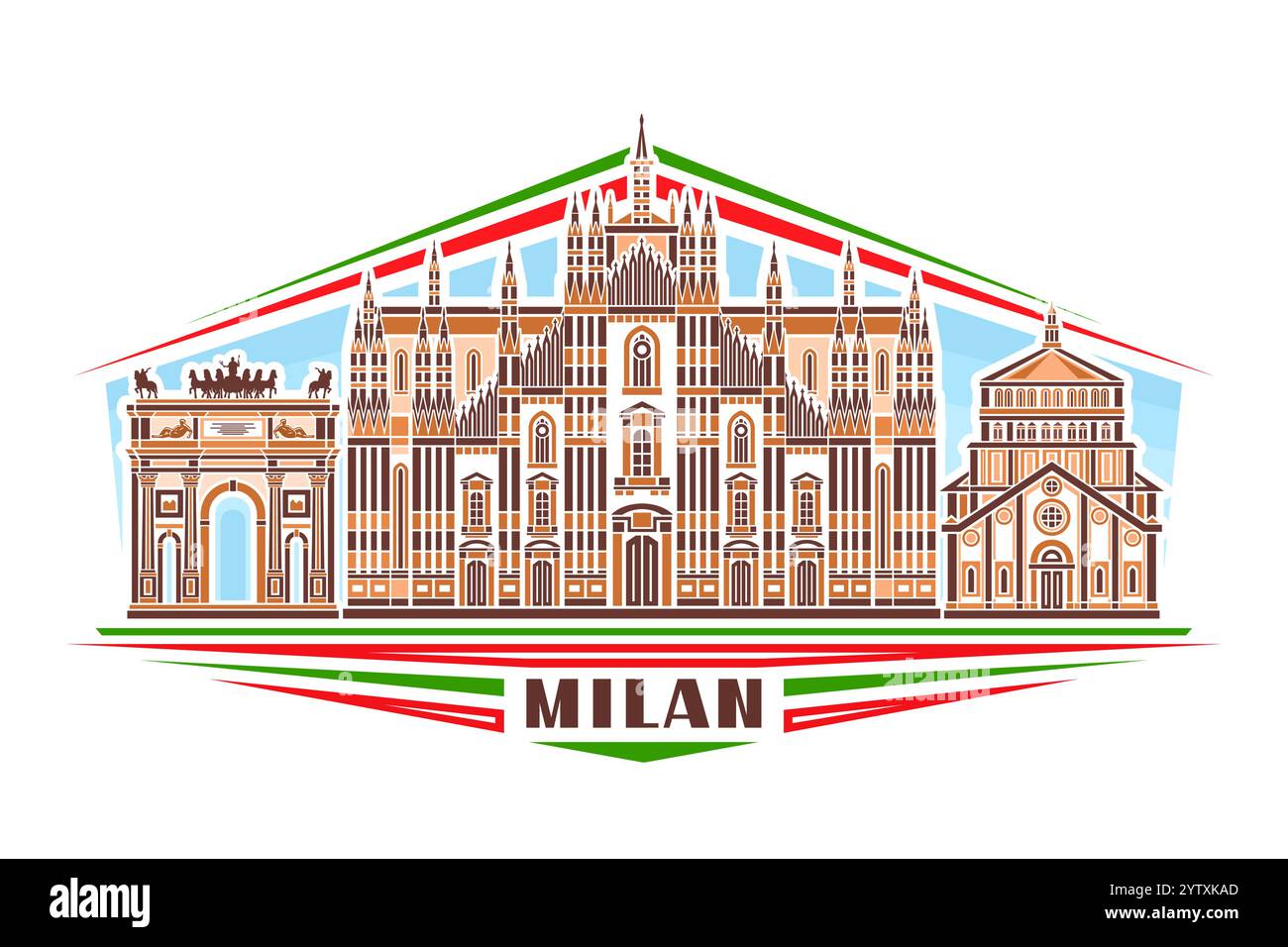 Illustration vectorielle de Milan, signe horizontal avec design linéaire célèbre paysage de ville de milan héritage sur fond de ciel de jour, ligne urbaine européenne art conce Illustration de Vecteur