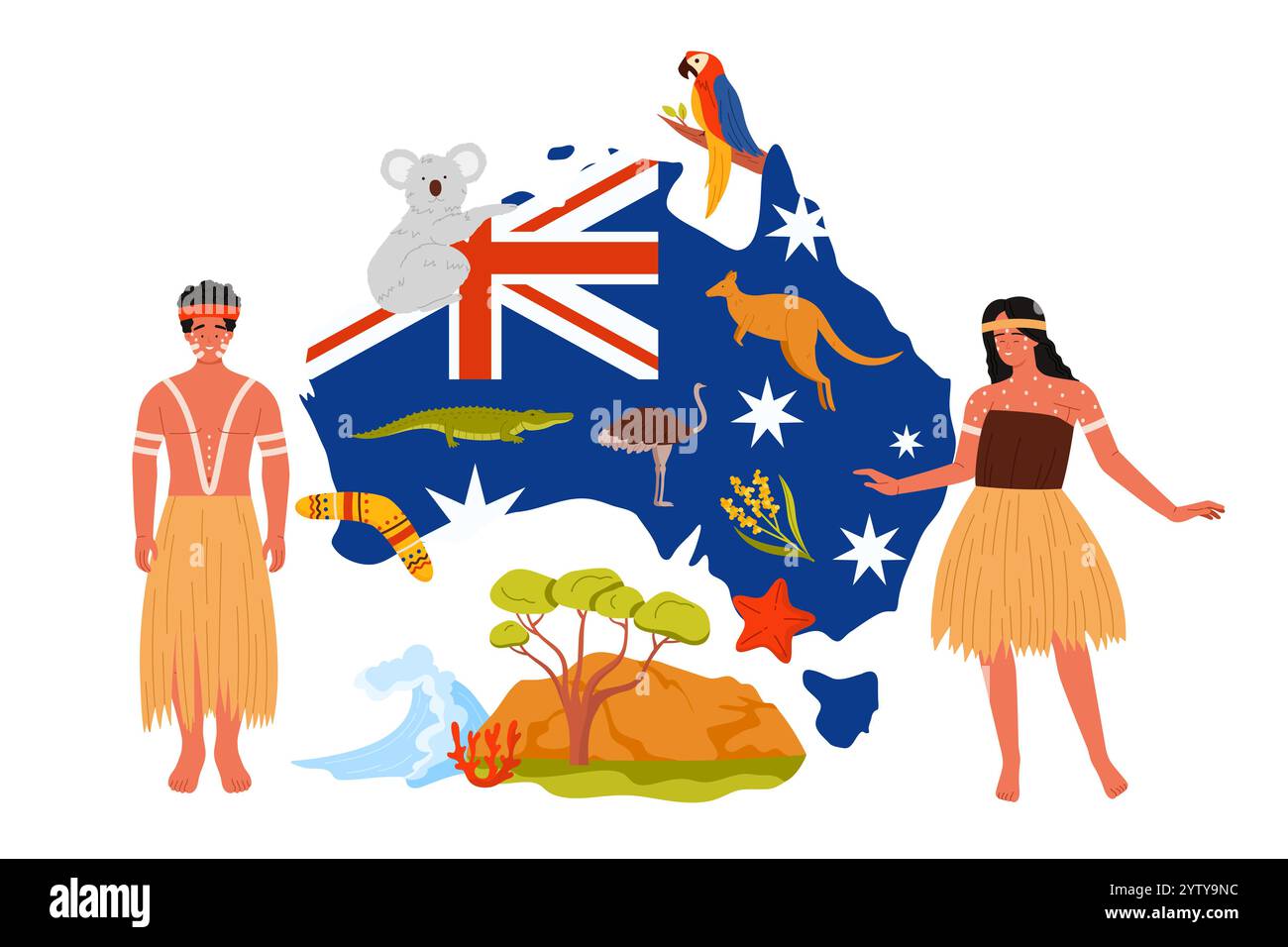 Voyage en Australie, Australiens en costumes tribaux traditionnels sur collage infographique avec carte du pays et drapeau, vague océanique et paysage de l'Australie, animaux et oiseaux illustration vectorielle de dessin animé Illustration de Vecteur