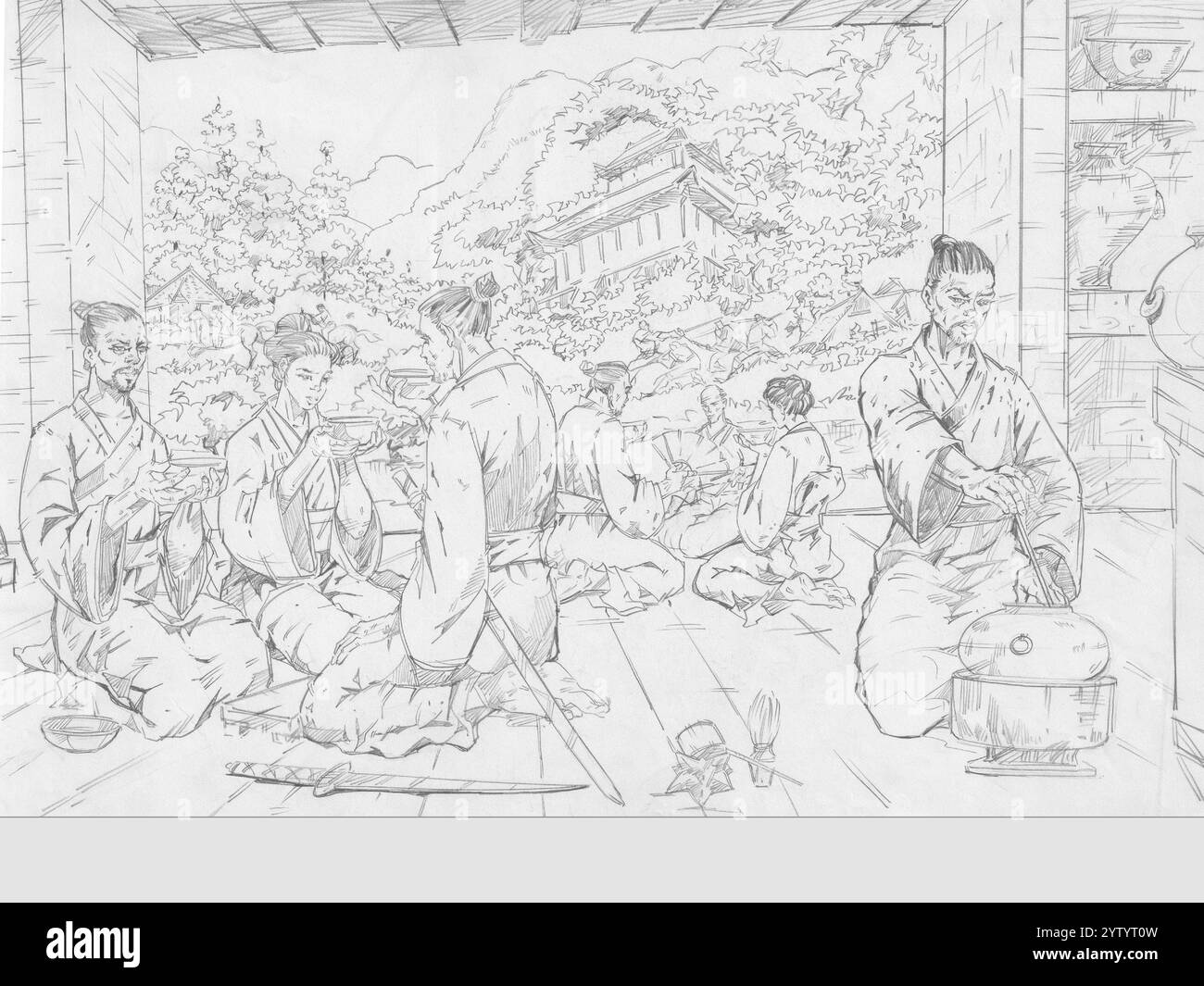 cérémonie du thé japonaise, salle japonaise avec une grande fenêtre, tasses et théière sur table, vue sur le jardin, ventilateur, bonsaï. Cérémonie du thé japonaise. Illustration de Vecteur