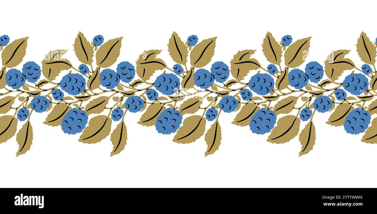 Motif sans couture de bordure ornementale de baies. Les mûres avec des fruits et des feuilles se répètent. Illustration vectorielle pour les bannières, cartes postales, flyers, fonds d'écran Illustration de Vecteur