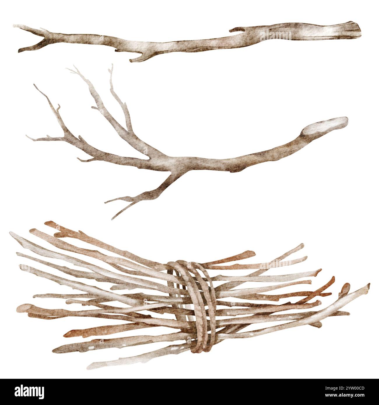 Illustration aquarelle de bâtons et de brindilles en bois attachés. Fond rustique avec bois de chauffage haché et assaisonné pour un style de vie écologique ou rural Banque D'Images