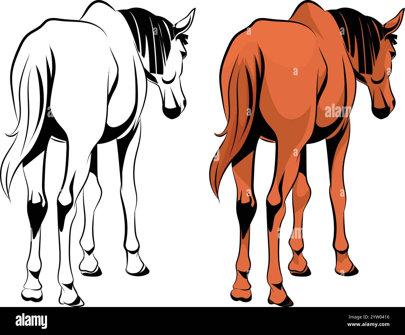 Croquis d'illustration réaliste debout de cheval et couleur Illustration de Vecteur