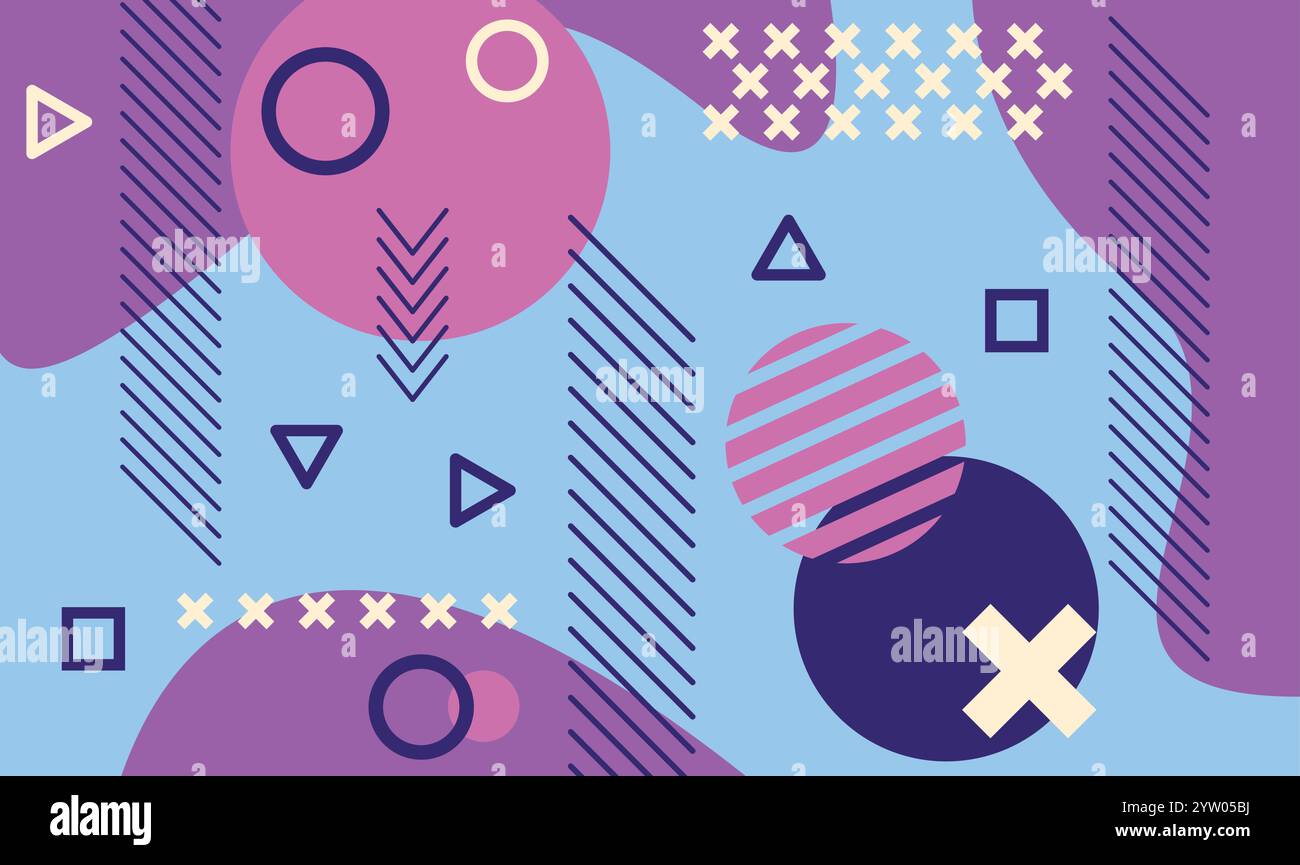 Fond abstrait moderne avec diverses formes géométriques comme des cercles, des triangles et des carrés, combinés avec des lignes et des croix dynamiques, créant une composition vibrante et ludique Illustration de Vecteur