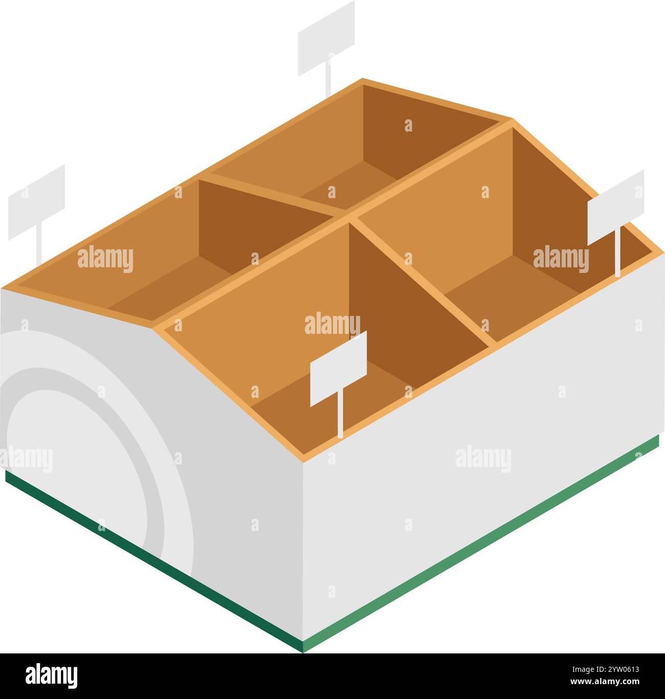 Boîte de présentation vide à quatre compartiments avec étiquettes de prix vierges, parfaite pour présenter les marchandises de détail dans une vue isométrique, améliorant ainsi le merchandising visuel et les efforts de marque Illustration de Vecteur