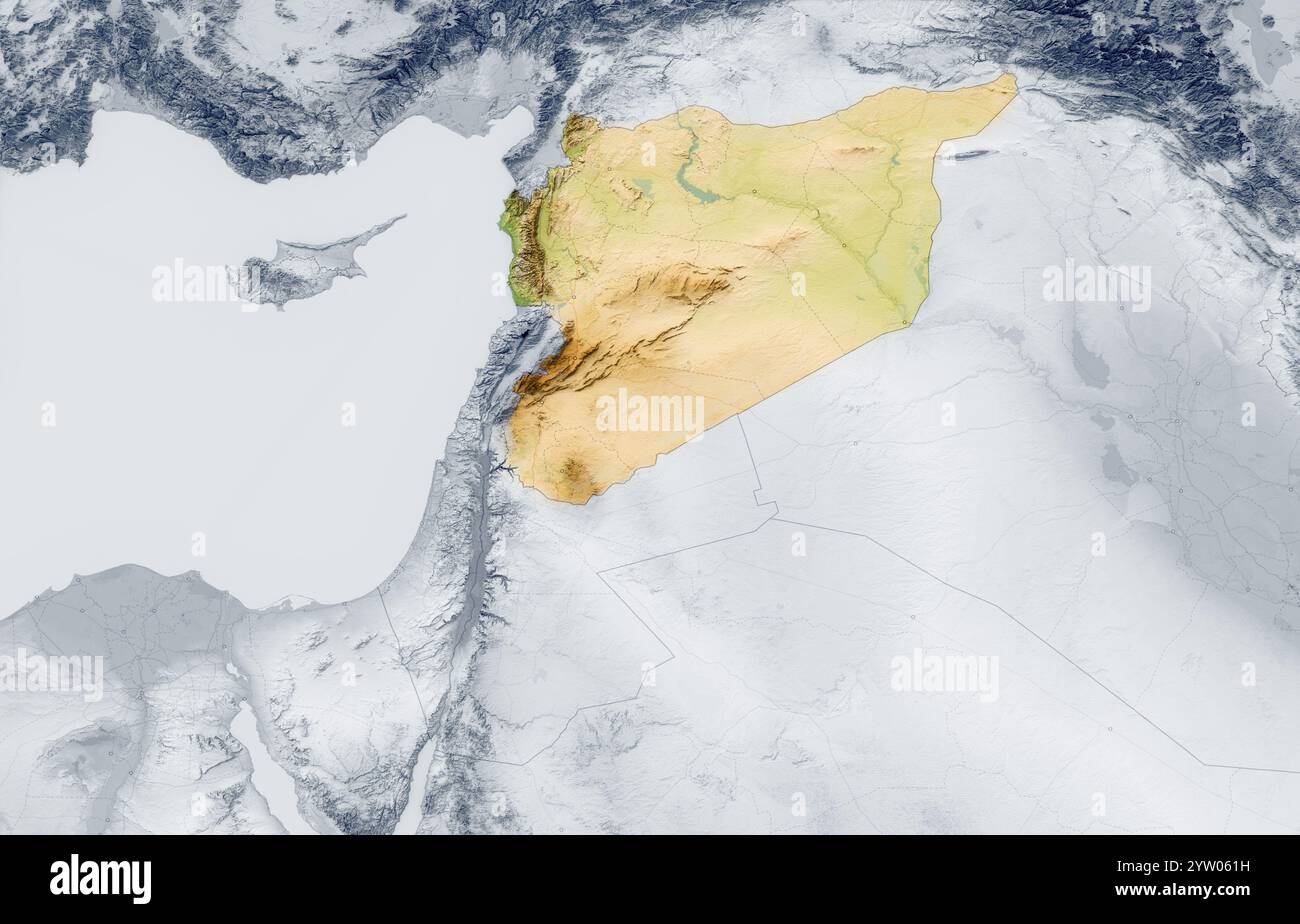 Carte physique de la Syrie, vue satellite du moyen-Orient, Asie. Liban, Israël. Reliefs et océans. rendu 3d. Banque D'Images