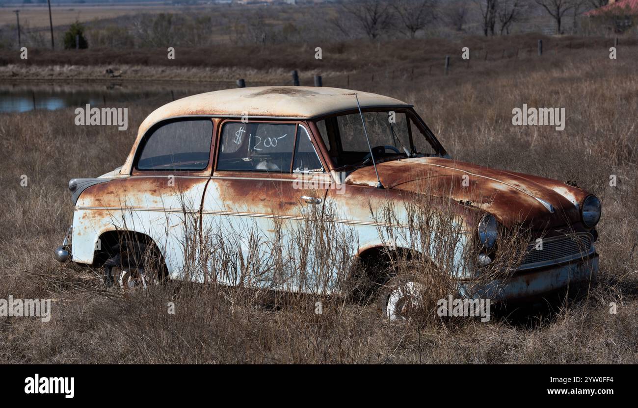 1959 Lloyd Alexander TS rouillé, abandonné et en décomposition dans le Texas Hill Country, le 24 janvier 2018. Banque D'Images