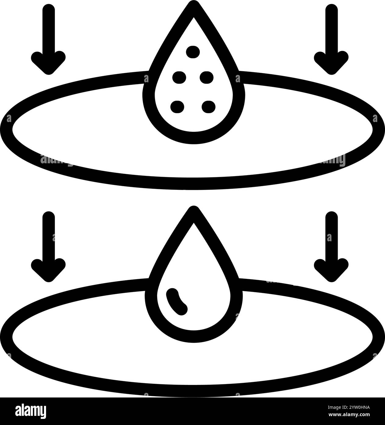 Icône de ligne de filtration de l'eau. Gouttes de pluie, molécule H2O, filtre de purification, illustration vectorielle de contour d'eau pure. Pictogramme linéaire pour boisson. Simple v Illustration de Vecteur