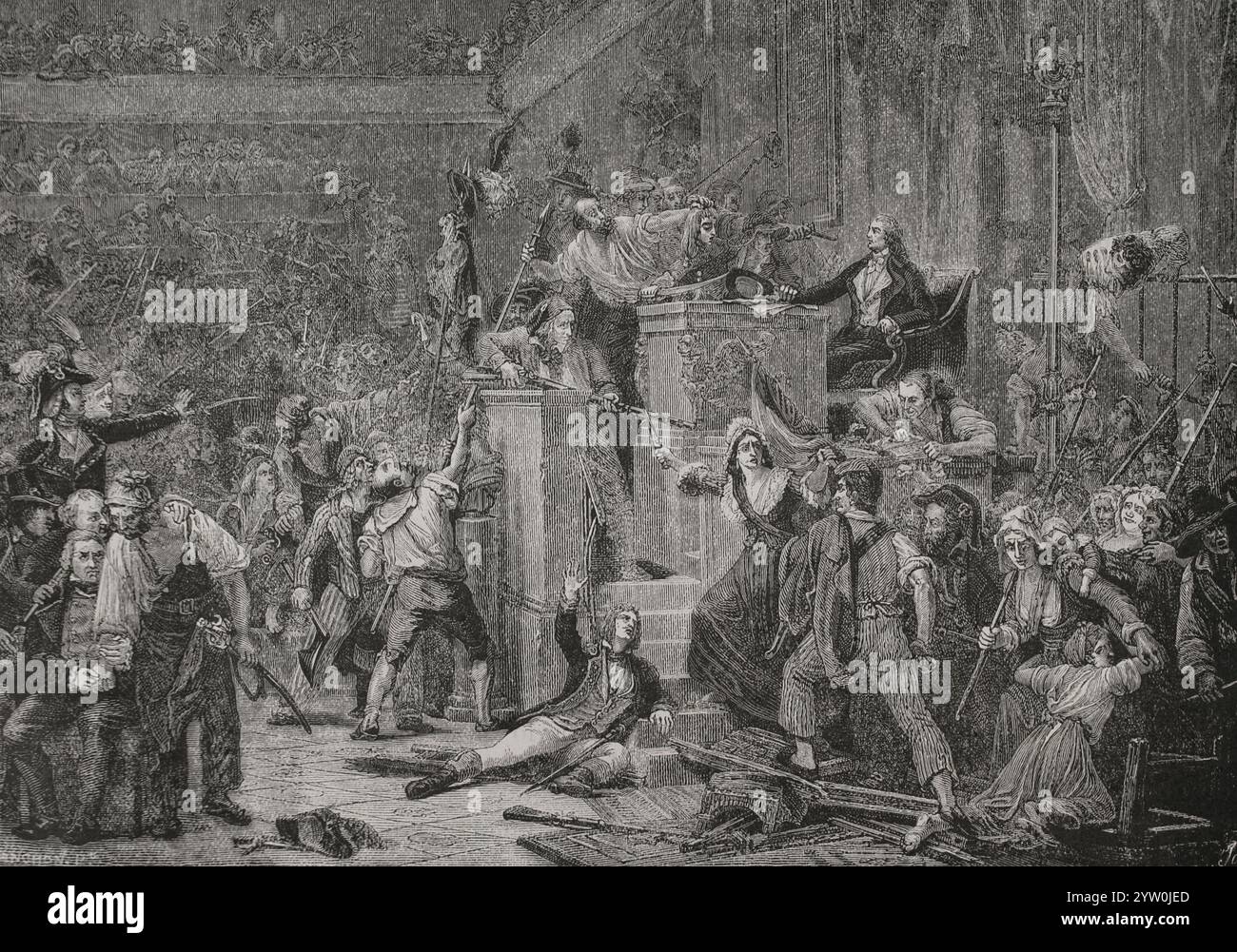 Révolution française. Révolte du 1er prairial an IIIème révolte populaire à Paris le 20 mai 1795 contre la politique de la Convention thermidorienne. Une foule a pris d'assaut la Convention exigeant du pain. Le député Jean-Bertrand Féraud (1759-1795), chargé des approvisionnements à Paris, tente de retenir la foule en attendant l'arrivée de la Garde nationale, mais une femme lui tire dessus, le tuant sur place. La foule enragée coupa la tête de Féraud, la clouant à un brochet et la transportant à la salle de la Convention. Un homme dans la cinquantaine nommé Jean Tinelle l’a élevé devant le président, Théodore Vernier. Assassin Banque D'Images