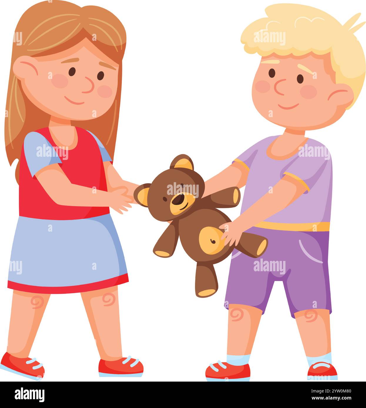 Fille donnant son ours en peluche à un garçon, illustrant les valeurs de partage, d'amitié, de gentillesse et de générosité parmi les enfants, favorisant l'intelligence émotionnelle et les compétences sociales Illustration de Vecteur