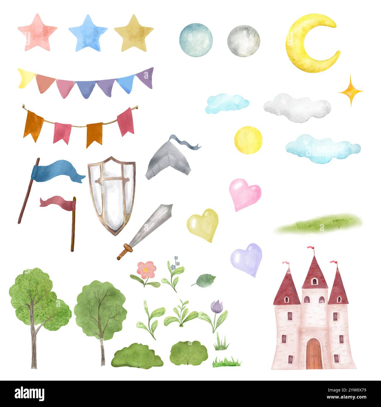 Château magique et arbres mignons dans un ensemble pour enfants. Des drapeaux flottent dans le vent, une épée à côté d'un bouclier. Illustration aquarelle en numérique. Soleil dans le c Banque D'Images