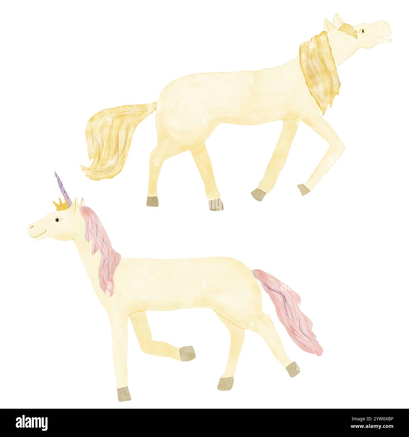 Licorne de conte de fées et princesse de cheval d'or. Illustration aquarelle en numérique. Un ensemble de chevaux joyeux et mignons et une licorne dans un style enfant, je Banque D'Images