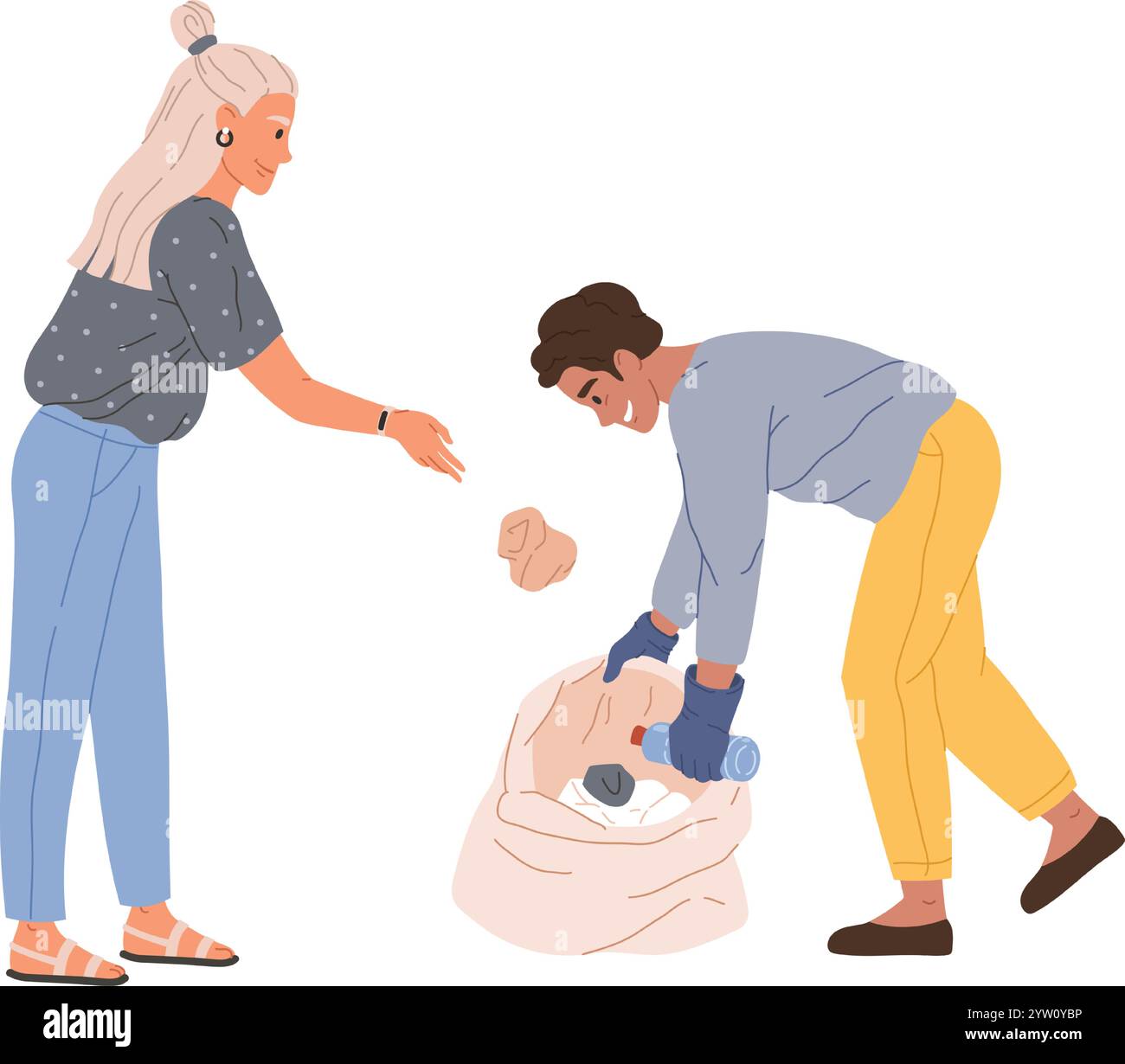 Les bénévoles qui portent des gants ramassent les ordures et les mettent dans un sac poubelle, travaillant ensemble pour nettoyer l’environnement et protéger la planète de la pollution Illustration de Vecteur