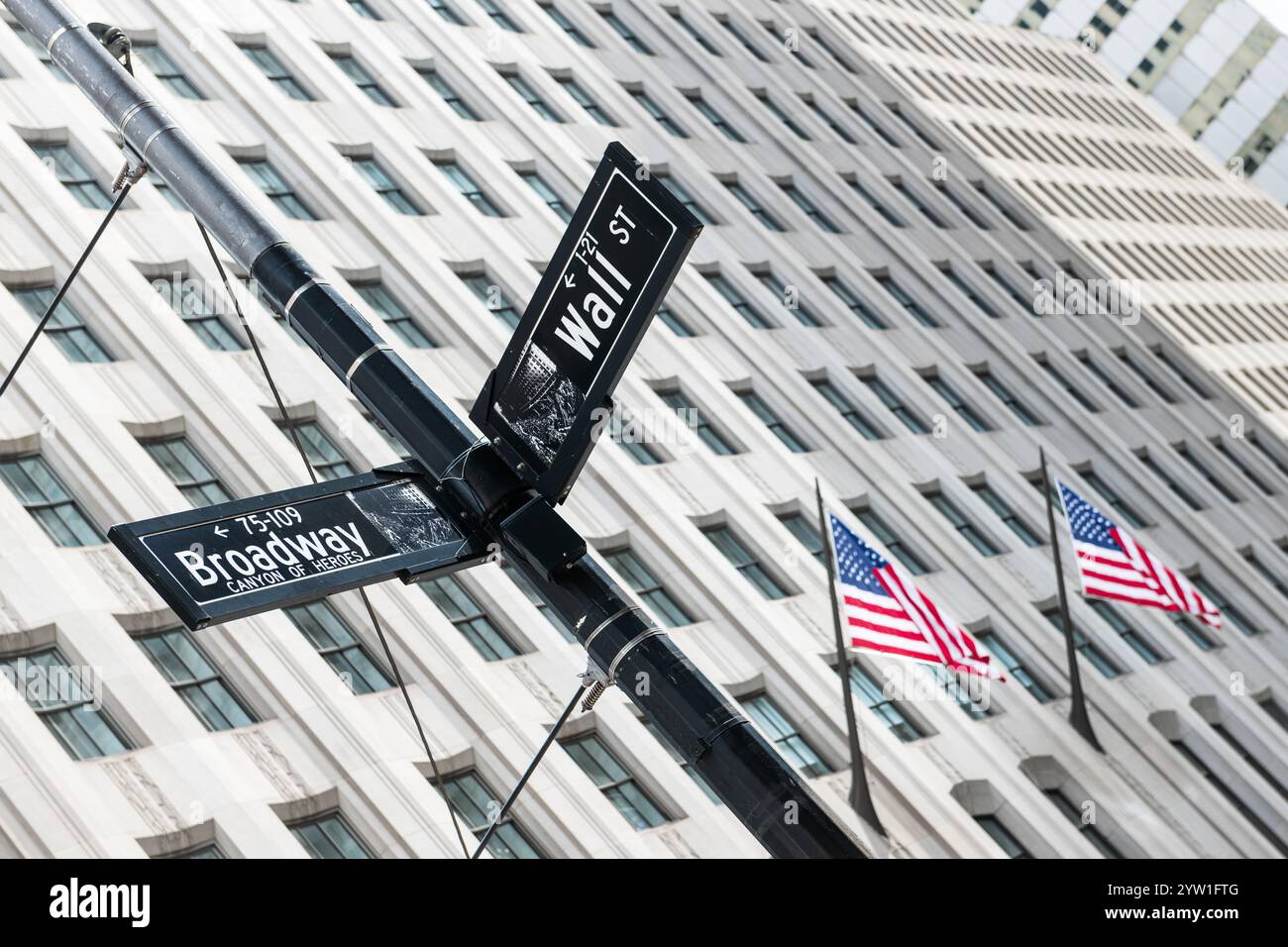 Panneaux de rue Wall Street et Broadway avec drapeaux américains agitant en arrière-plan, capturés à Manhattan, New York City, États-Unis Banque D'Images