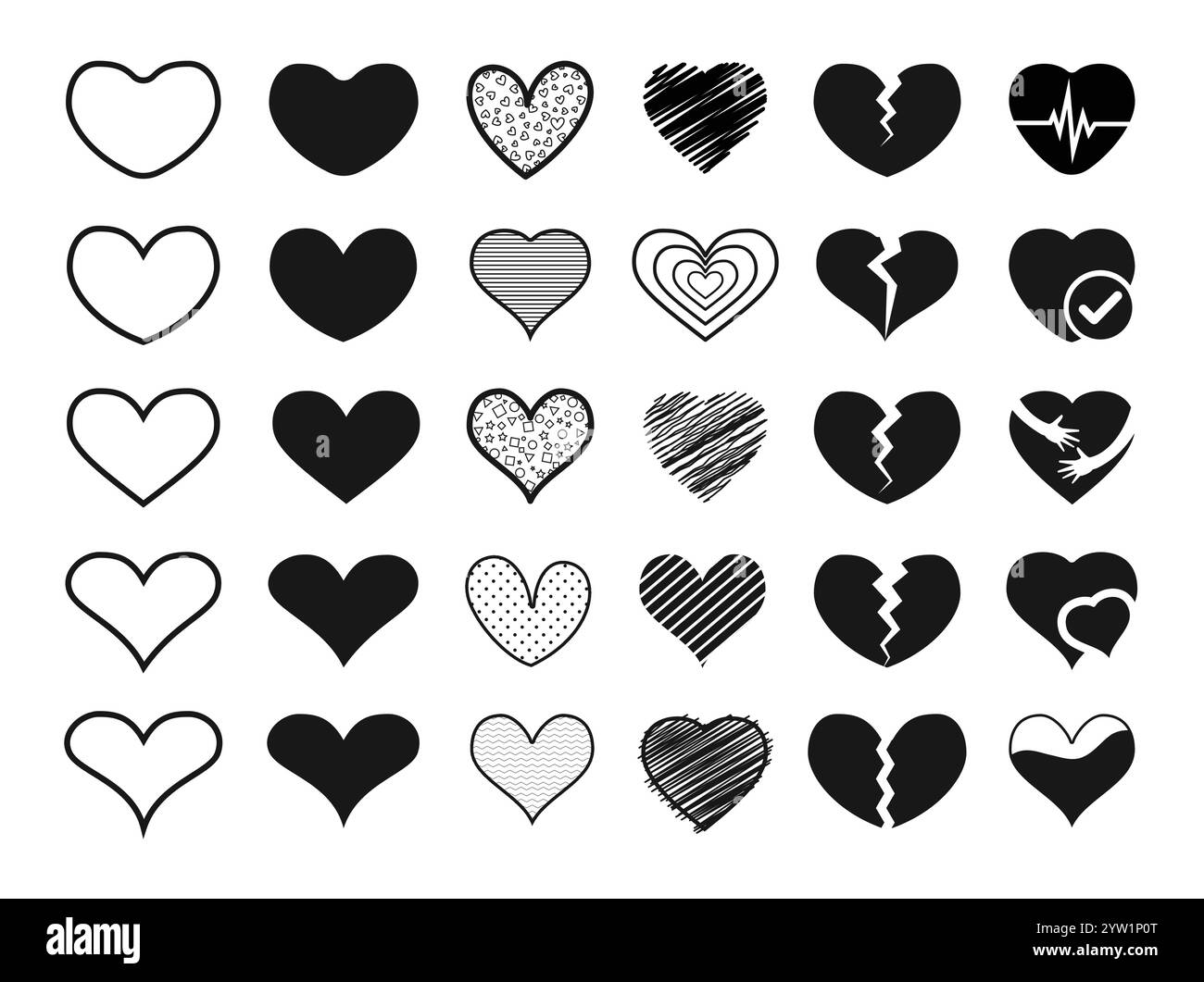 Jeu d'icônes clip art forme noir coeur. Contour d'art clip icône de coeur noir et dessin plat pour les éléments de symbole de saint-valentin, mariage et anniversaire Illustration de Vecteur
