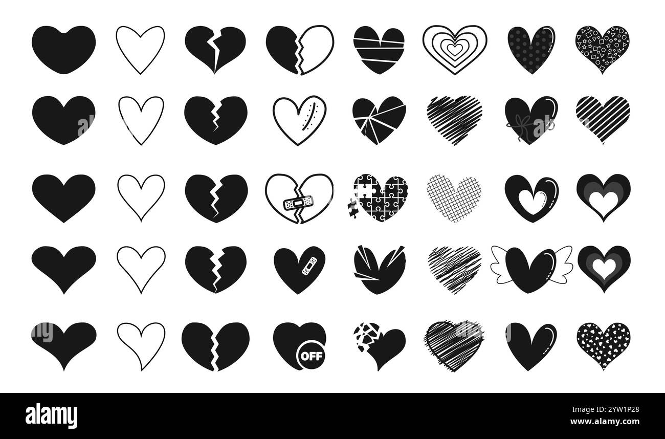 Icône en forme de coeur noir clipart set. Dessin de coeur, contour, croquis, silhouette, gribouillage et esquisse collection d'art clip. Illustration vectorielle Flat Love Illustration de Vecteur