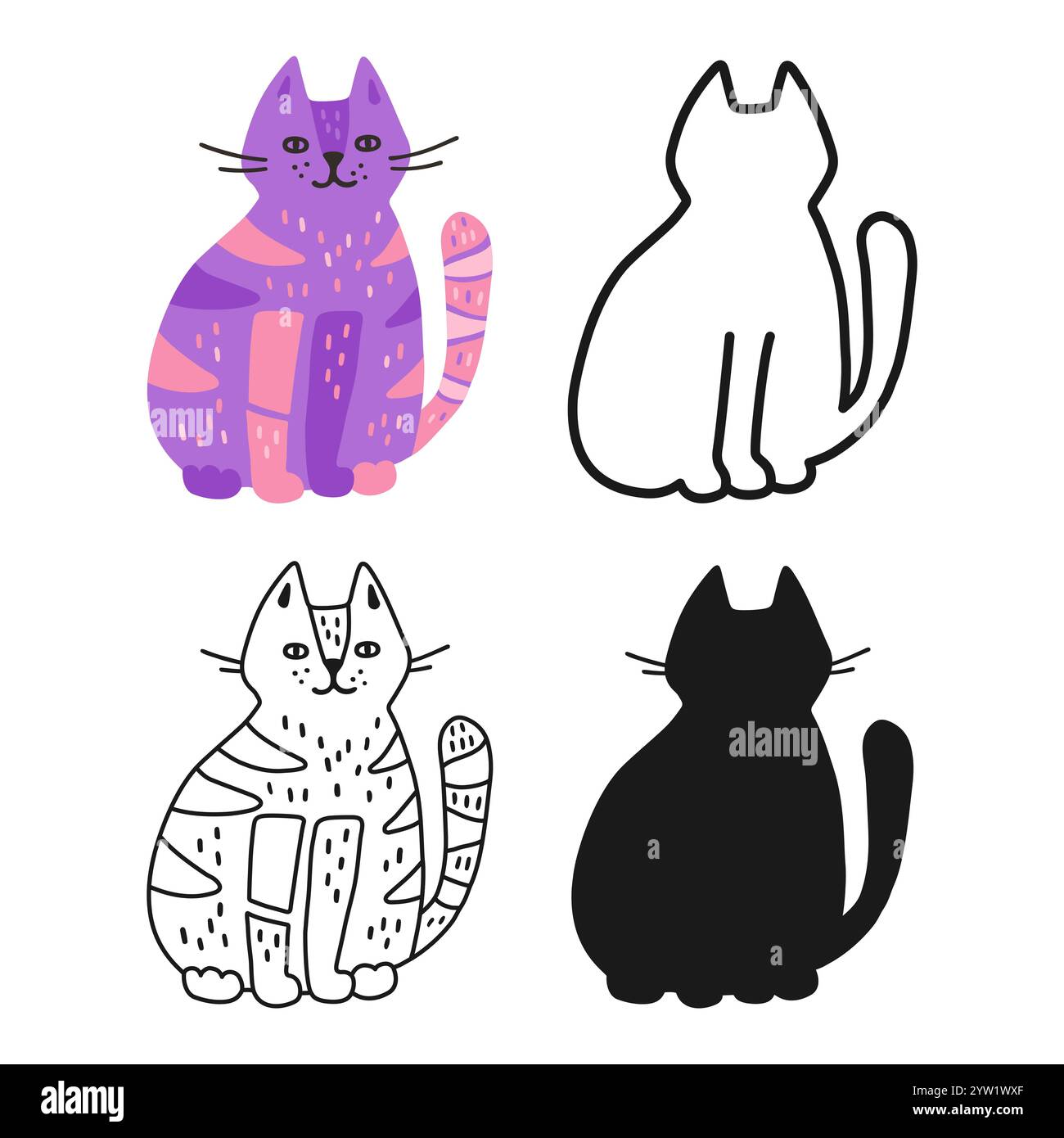 Icône linéaire de chaton comique dessinée à la main abstraite. Jeu de dessins animés de symbole de chat. Signe de collecte d'animaux de compagnie pour l'application de site Web de carte. Signe humoristique doodle, silhouette personnage chat. Illustration vectorielle isolée art Illustration de Vecteur