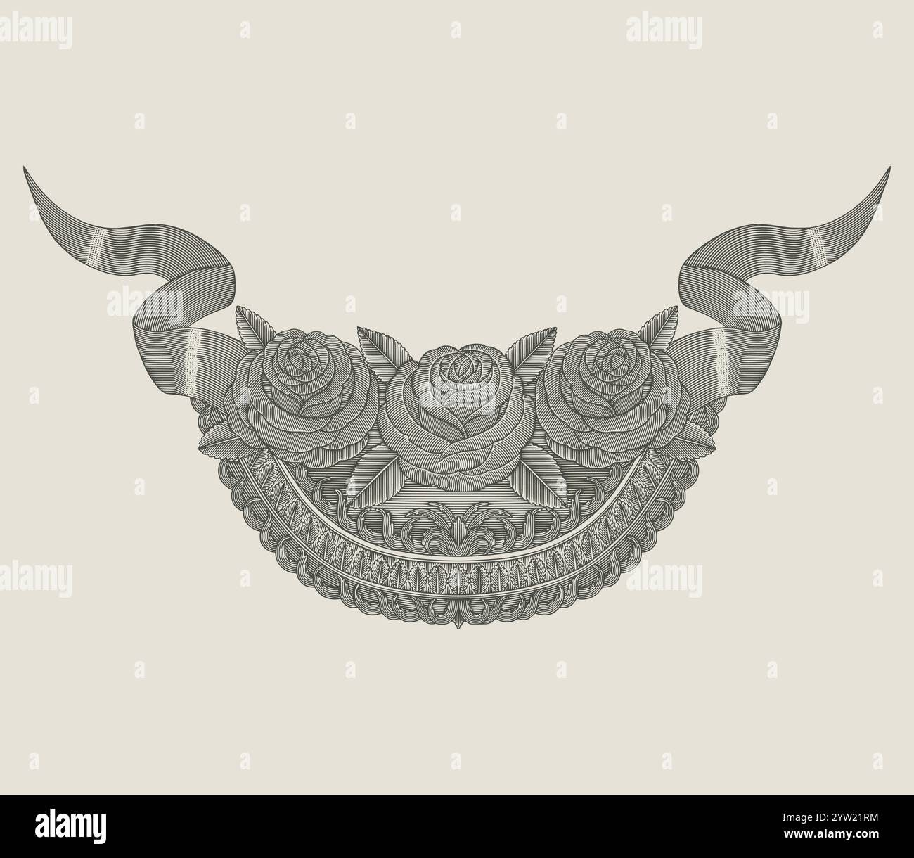 Fleur de rose avec ornement floral, illustration de style de dessin de gravure Vintage Illustration de Vecteur