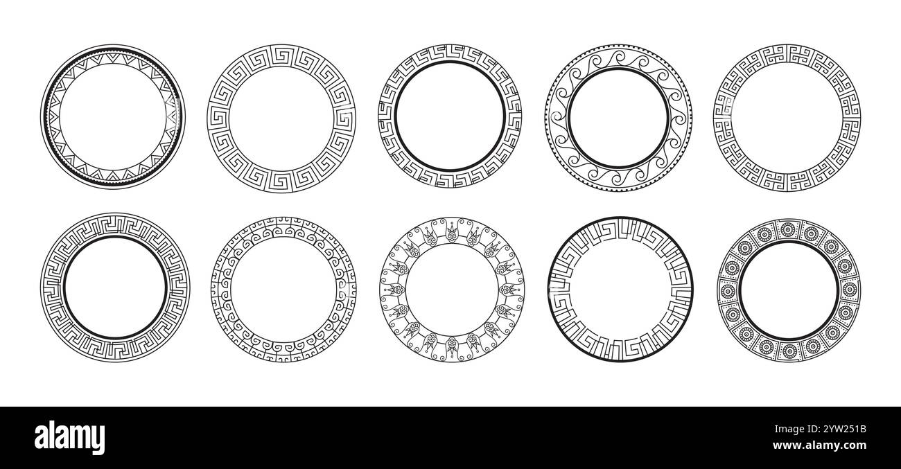 Frontière romaine. Cadre de Rome antique. Motif grec rond. Texture circulaire grecque. Tatouage classique. Décoration antique en méandre. Anneau répété méditerranéen Illustration de Vecteur